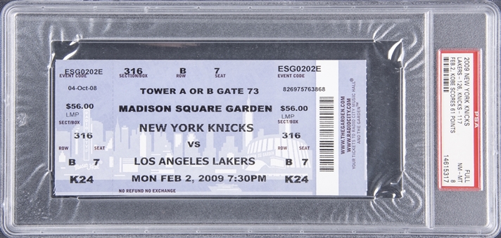 Kobe Bryant 61 Point Game! - 2009 Madison Square Garden Seat K24 Game Ticket From New York Knicks vs Los Angeles Lakers 2/2/2009 (PSA NM-MT 8)